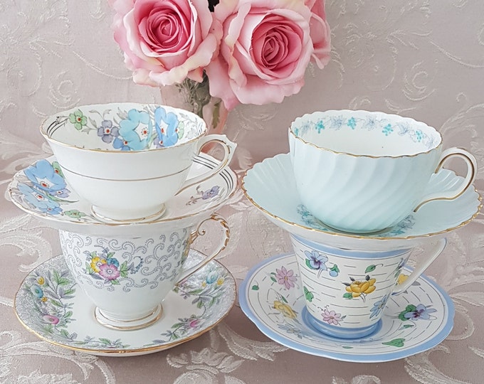 LOT of 4 Blue Floral Mismatched Tea Cups and Saucers, Bulk Vintage English Bone China, High Tea, Bridal Shower