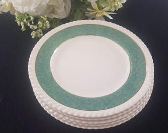 Johnson Brothers POWDER BORDER 8 Inch Salad Plates, Set of 5, Green and White, Rope Border, Made in England