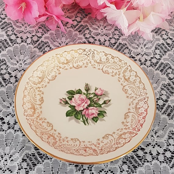 Vintage Georgian China Dessert Plates Set: Pink Tudor Rose, Gold Filigree