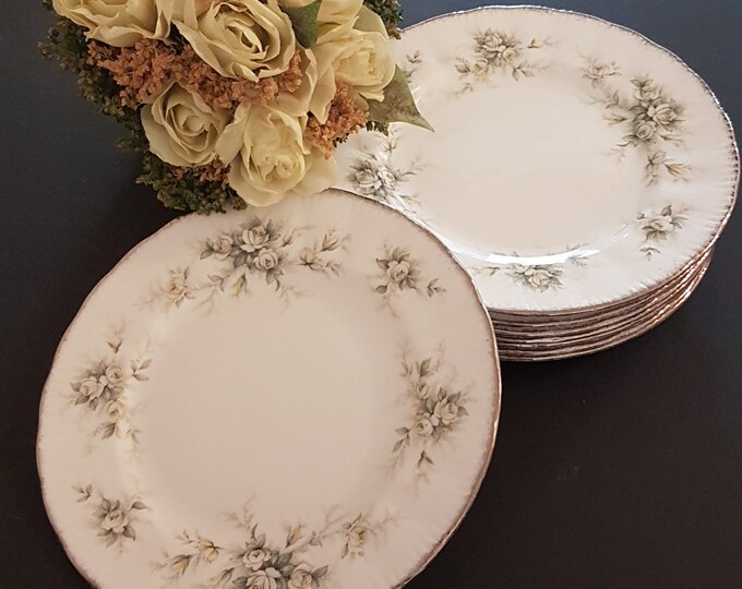 Vintage Paragon FIRST LOVE 8" Side / Salad Plate Set of 4, White Yellow Gray Roses, Royal Warrant England Bone China, Fine Dinnerware, 1990s