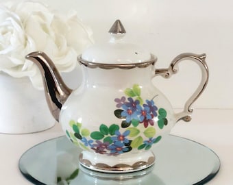 Vintage Gibson Staffordshire Tiffany Teapot Silver Trim Mid Century Floral Made in England Crazing