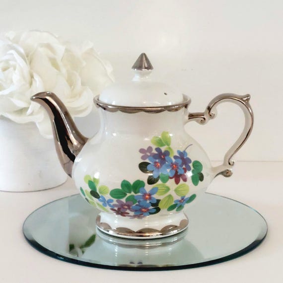 Vintage Gibson Staffordshire Tiffany Teapot Silver Trim Mid Century Floral Made in England Crazing