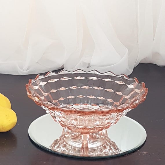 Vintage Jeannette Pink Cubist Glass Footed Fruit Bowl 10-inch Depression Glass 3-Toed Serving Dish