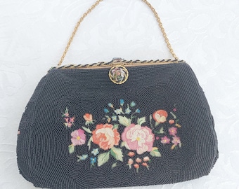 French Vintage Black Beaded Evening Purse, Handmade, Made in France
