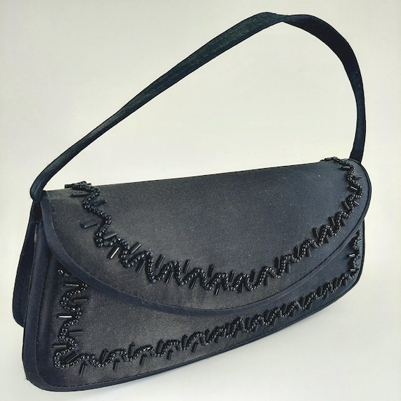 Vintage Black Satin Beaded Clutch Bag Convertible Evening Purse Elegant Y2K Shoulder Handbag