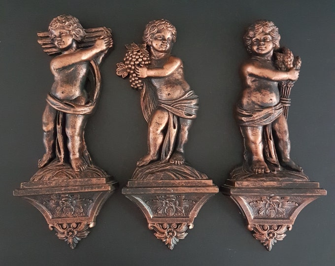 Set of 3 Cherub Wall Plaques, Vintage Dart Ind, Faux Metallic, Copper Resin, Coppercraft Guild 7141, 7139, 7138, 1970s