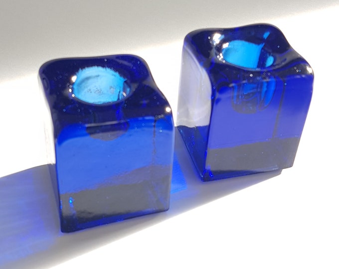 Cobalt Blue Glass Candlestick Holders, Blenko Glass, Cube Square Solid Glass, Taper Candle Holders