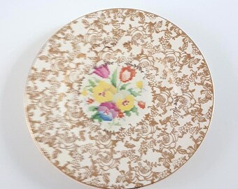Vintage H&K Tunstall Old English Sampler Side Plates Set (1930s) - Petit Point Floral Design