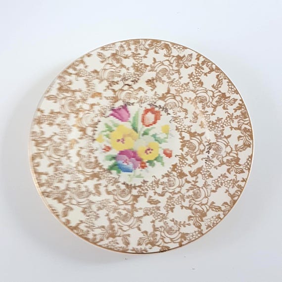 Vintage H&K Tunstall Old English Sampler Side Plates 1930s Petit Point Floral Design Cottagecore