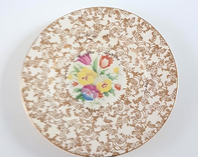 Vintage H&K Tunstall Old English Sampler Side Plates Set (1930s) - Petit Point Floral Design