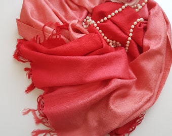 Pashmina Silk Shawl, Vintage Pashmina Scarf, Ombre Coral Pink Evening Shawl, Pashmina Wrap, Gifts for Her