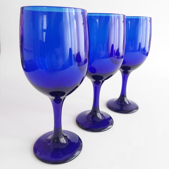 Cobalt Blue Wine Glasses Set of 3 – Vintage Hand Blown Goblets Sapphire Stemware