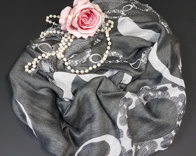 Pashmina Shawl, Vintage Pashmina Scarf, Gray Black Evening Shawl with Circle Pattern, Pashmina Wrap, Gift for Her