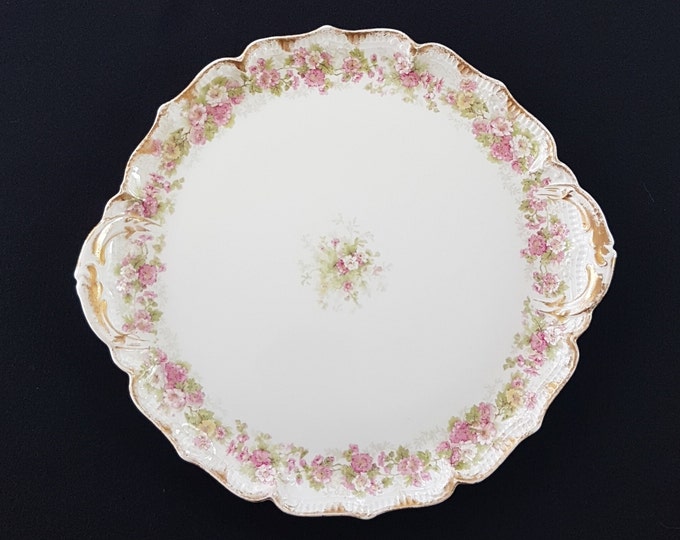 French Vintage CH Field Haviland Limoges Round Platter with Pink Flowers, 10 inch, Embossed Rim