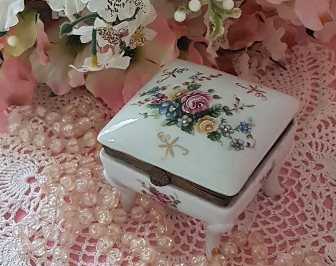 Vintage Square Porcelain China Trinket Box, Jewelry Box with Hinged Top, Shabby Chic Decor, Dressing Table, Victorian Decor, Gift for Her