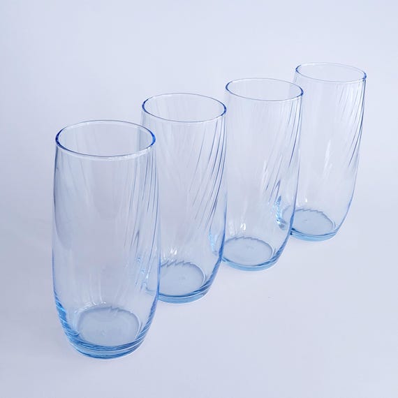 Vintage Libbey Misty Blue Optic Swirl 16oz Highball Tumblers (Set of 4)