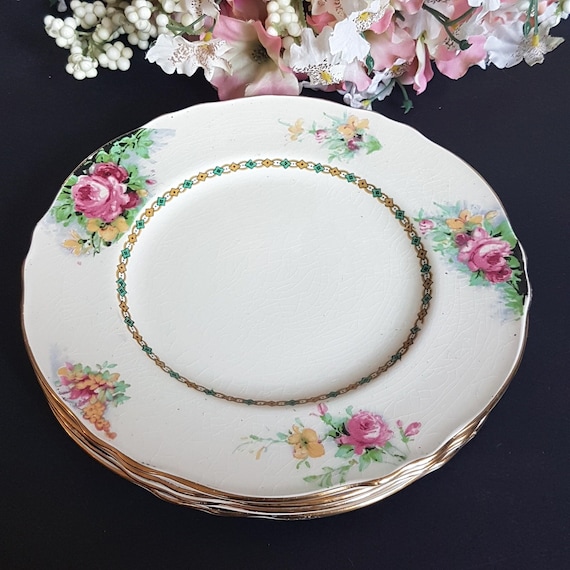Vintage 1930s Royal Winton Grimwades Pink Cabbage Rose Dessert Plates Set of 4