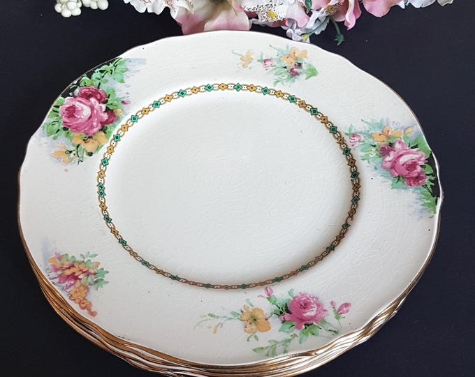 Vintage 1930s Royal Winton Grimwades Pink Cabbage Rose Dessert Plates Set of 4