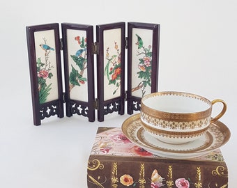 Vintage Chinese Folding Table Top Screen, Birds & Scenery, Tile and Wood, Double Sided Folding Screen, Asian Decor