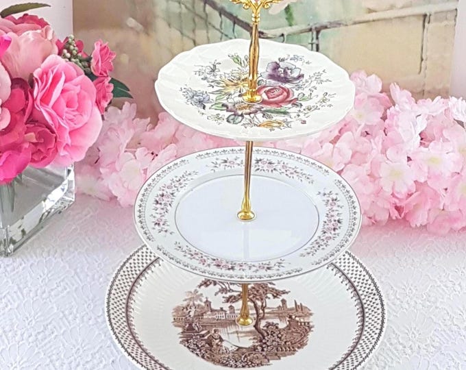 Elegant 3-Tier Cake Stand: Pink & Brown Dessert Tray for Weddings, Birthdays and Tea Parties