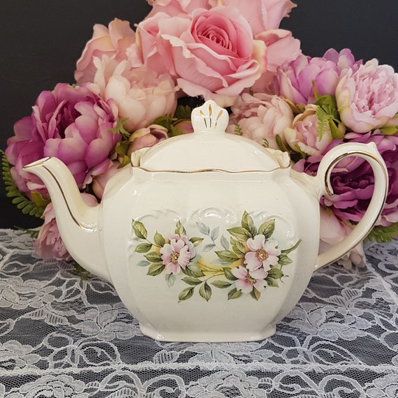 Sadler Cube Teapot, Vintage English Ceramic Teapot, 5 Cup, Pink Floral, Flawed Collectible