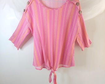 Juniper + Lime Pink & Orange Striped Button Shoulder Tie Front Top - Boho Summer Blouse