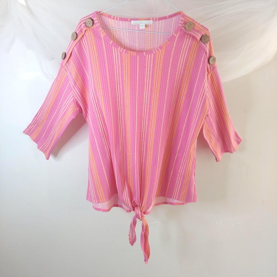 Juniper + Lime Pink & Orange Striped Button Shoulder Tie Front Top - Boho Summer Blouse