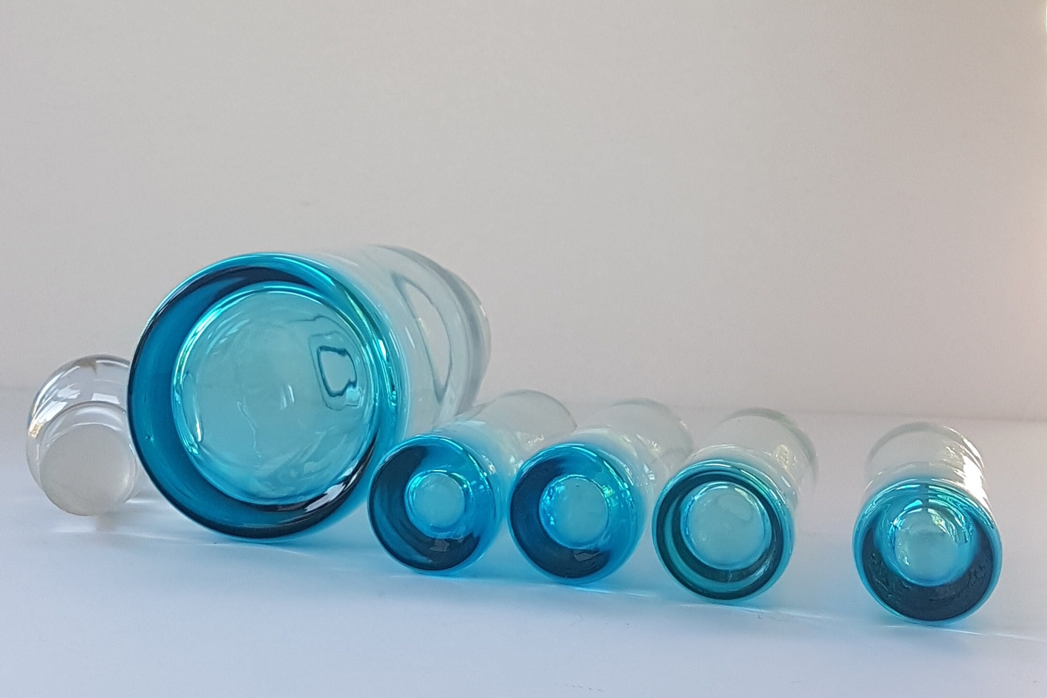 Glass Decanter Set with 4 Shot Glasses, Pale Blue Glass with Clear