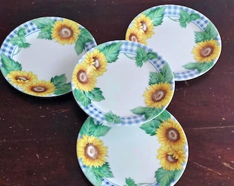 Vintage Corelle Sunsations Salad Plates Set: Sunflower Blue Check Plaid