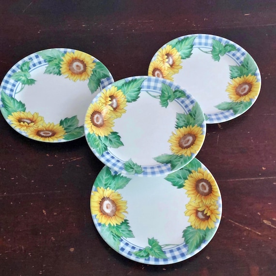 Vintage Corelle Sunsations Salad Plates Set: Sunflower Blue Check Plaid