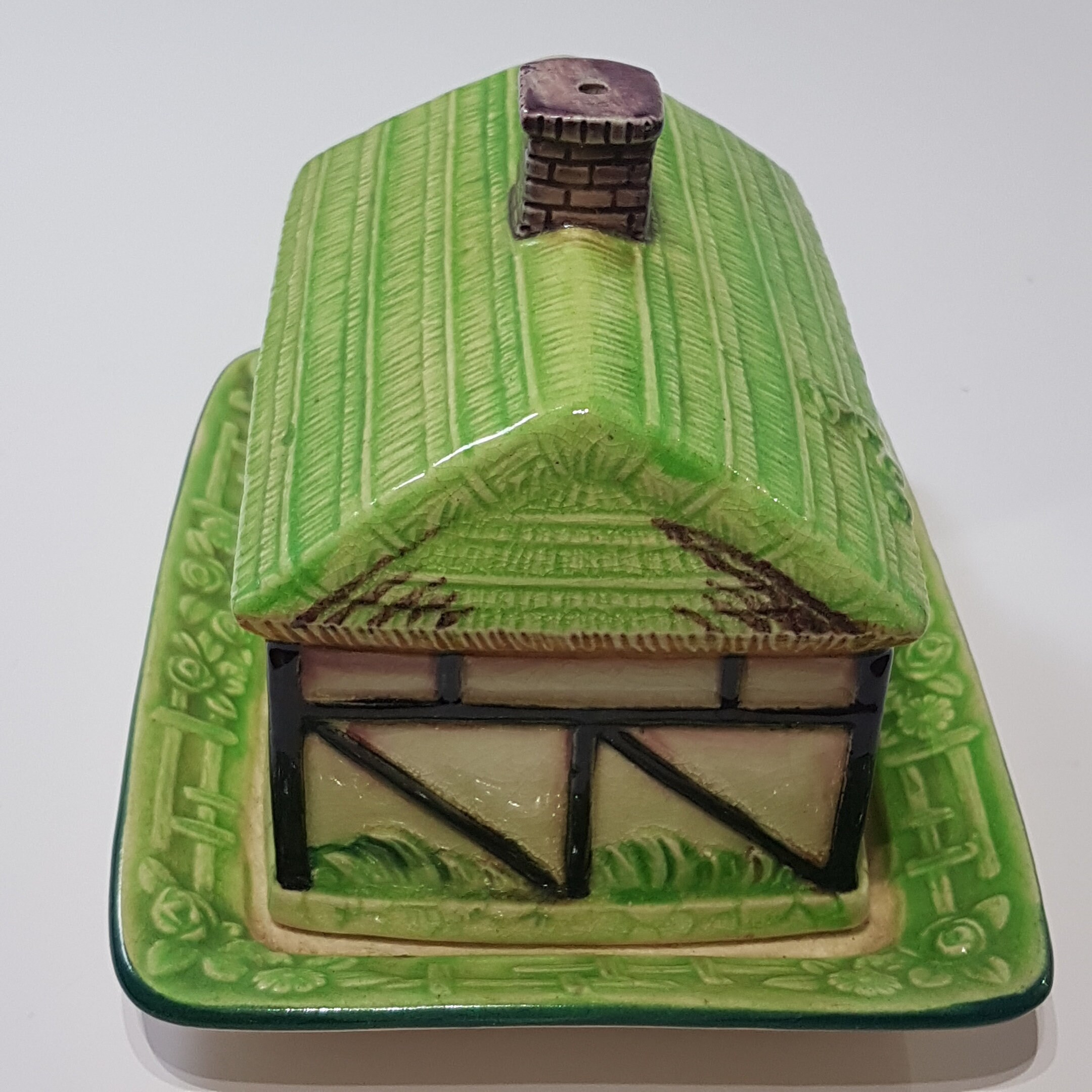 Marutomo Ware Cottage Butter Dish, Green Thatch Roof, Vintage Figural