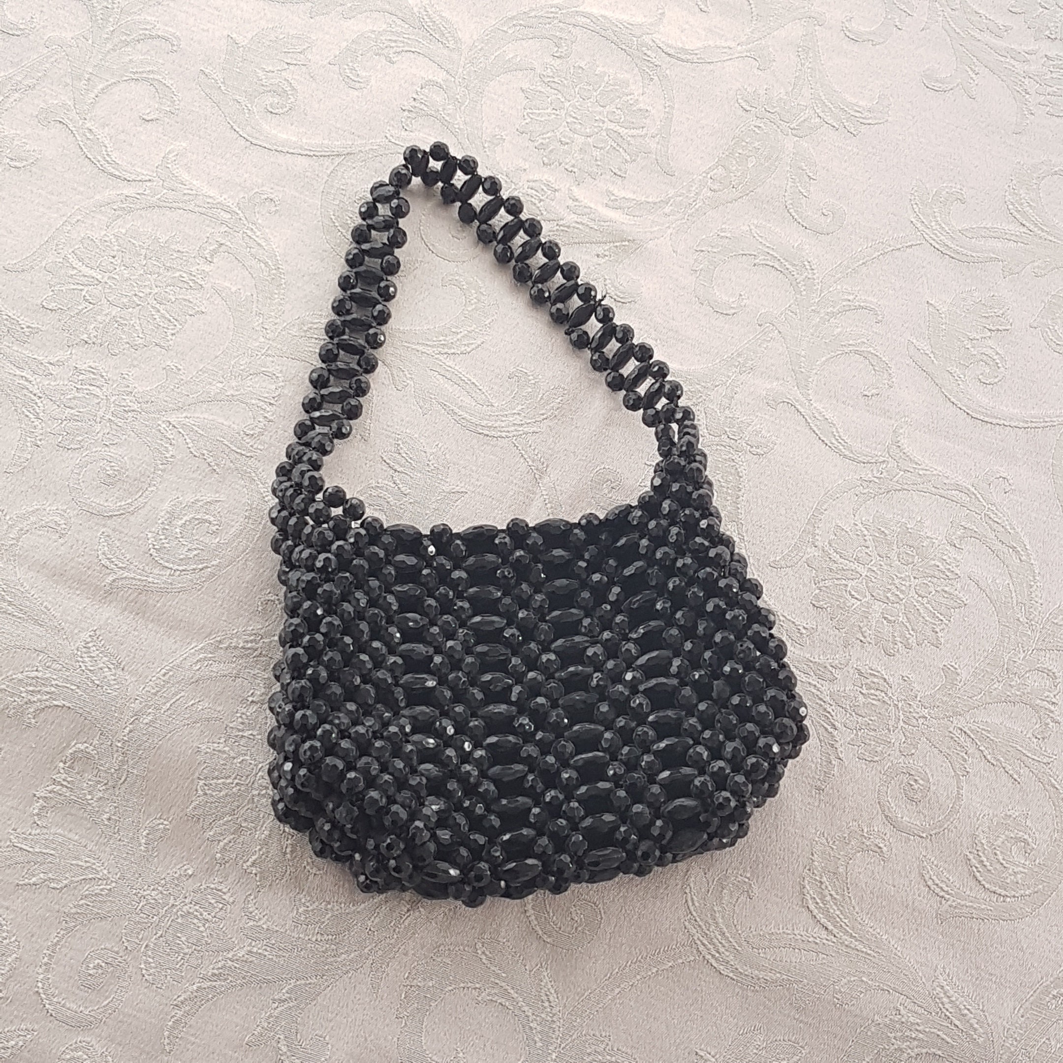 Black Beaded Bag, Vintage Beaded Purse, Zippered, Hand Made in Hong Kong