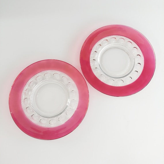 Set of 2 Vintage King's Crown Ruby Flashed Salad Plates 8.25" Thumbprint Glass