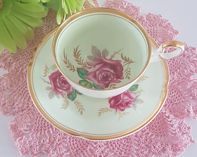 Vintage Pale Green Tea Cup and Saucer, Sampson Smith Old Royal, Bone China, Big Pink Roses, Made in England, 1960s