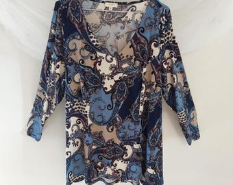 Vintage Laura Plus Paisley V-Neck Blouse – Blue Tunic Top 2X