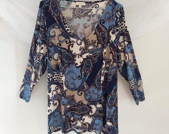 Vintage Laura Plus Paisley V-Neck Blouse – Blue Tunic Top 2X