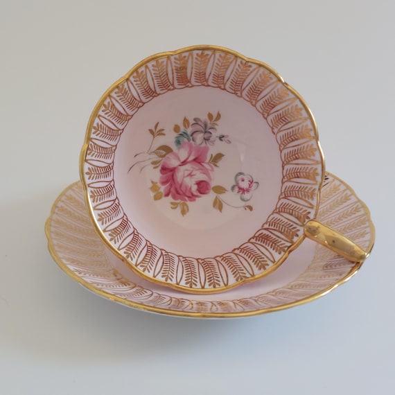 Vintage Royal Stafford Pink Cabbage Rose Teacup and Saucer Heavy Gold Gilt England