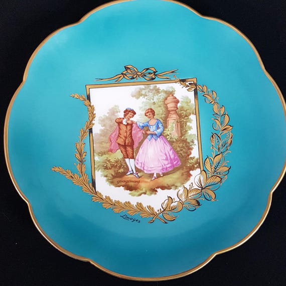 Vintage Limoges Porcelain Collectible Plate - 9.25" Teal Blue French Dinner Plate