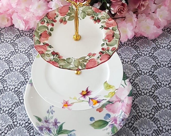 Handmade 3 Tier Cake Stand Unique Floral Tiered Dessert Stand or Sandwich Serving Tray