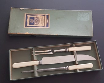 Meat Carving Set, Bakelite Handles, Hand Forged in Sheffield England, Original Box, Meat Carving Knife, Meat Fork, Sharpening Steel