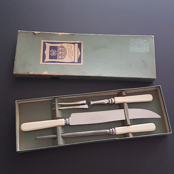 Vintage Sheffield Meat Carving Set: Bakelite Handles, Hand Forged Knife