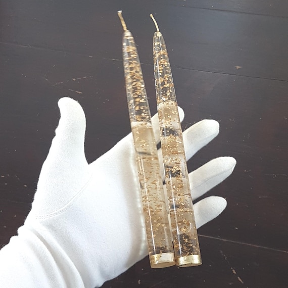 MCM Lucite Flameless Candles with Gold Flecks - Hollywood Regency Decor