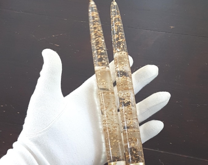 2 MCM Lucite Flameless Candles with Gold Flecks - Mid Century Modern Faux Taper Candles Hollywood Regency Decor