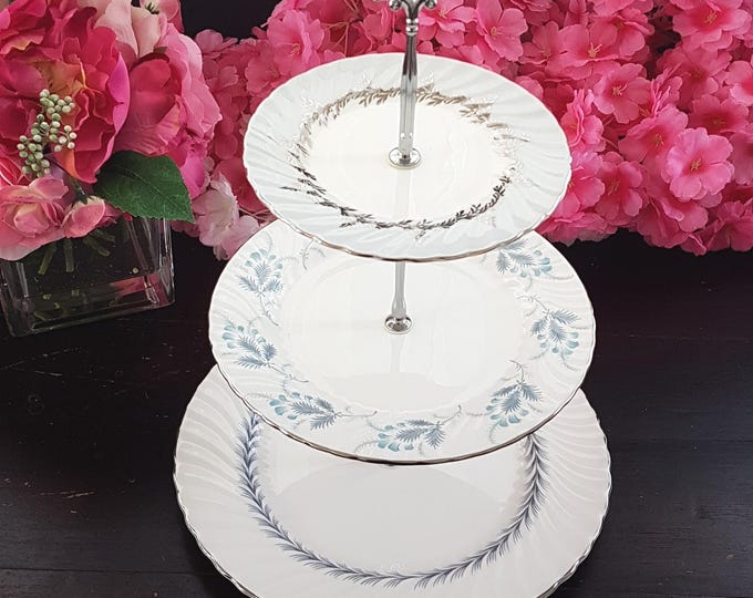 3 Tiered Cupcake Stand Vintage Bone China Gray Silver Dessert Tray