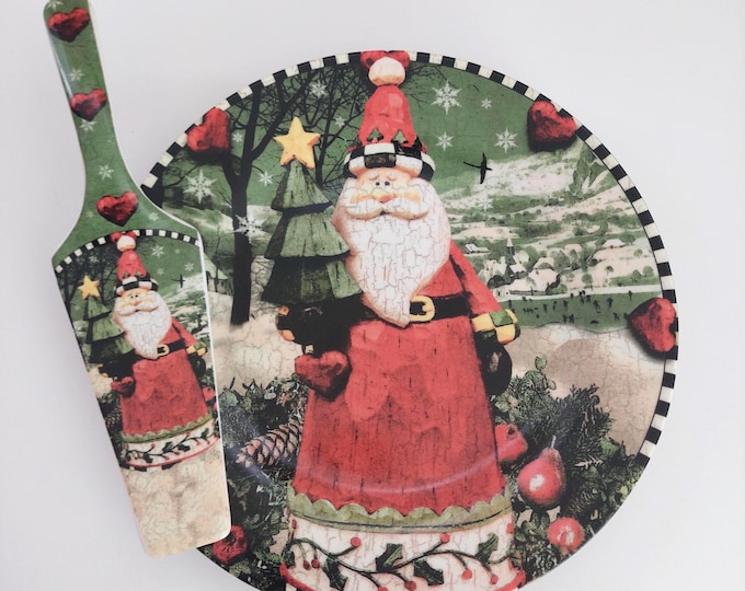 Festive Certified International Christmas Lodge Santa Cake Plate with Server Holiday Rustic Tableware