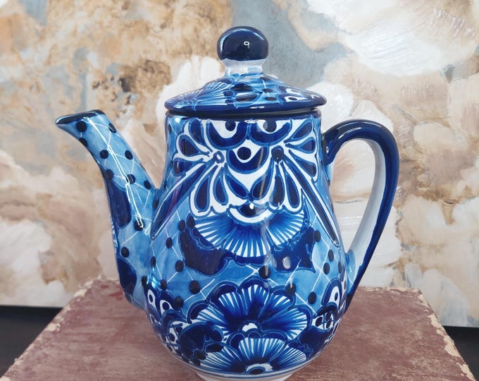 Hand Painted Mexican Talavera Pottery Tea Pot - Blue White Ceramic Folk Art Coffee Pitcher