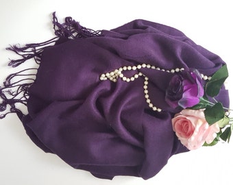 Vintage Deep Purple Silk Pashmina Shawl - Elegant Evening Wrap for Women's Special Occasions