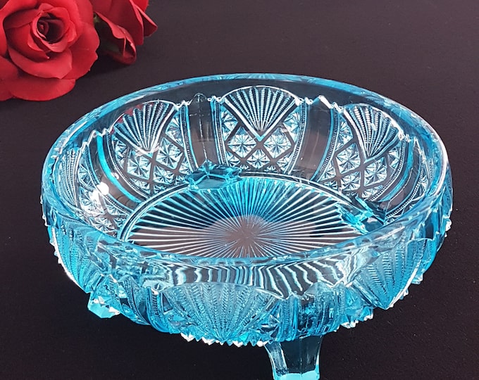 Davidson Glass Turquoise Blue Footed Glass Fruit Bowl, Made in England