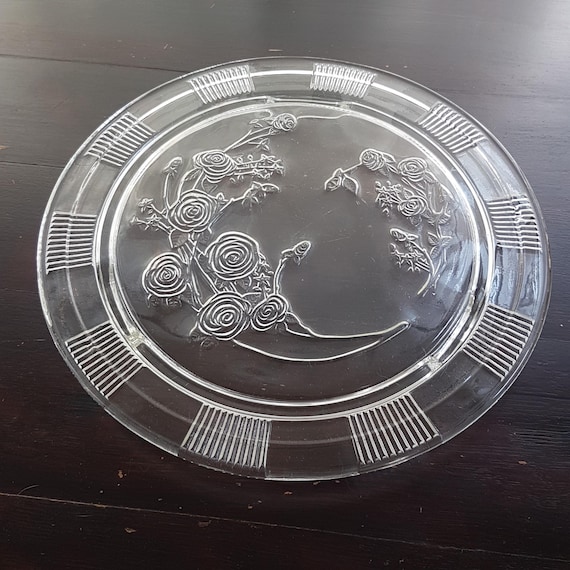 1930s Federal Depression Glass Cake Stand - Sharon or Cabbage Rose Pattern Pedestal Plate