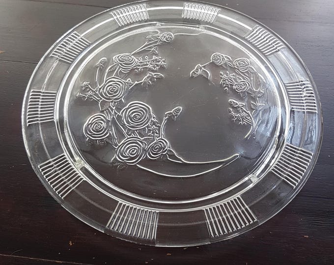 1930s Federal Depression Glass Cake Stand - Sharon or Cabbage Rose Pattern Pedestal Plate